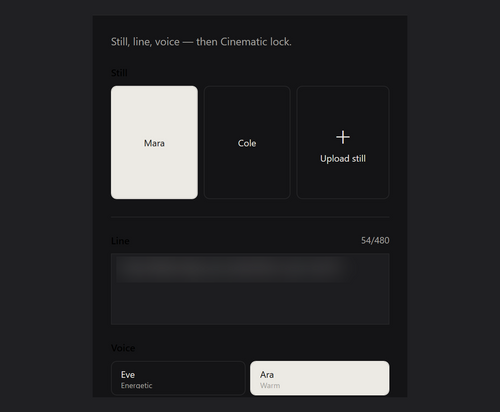 Pic Lock's control panel on a dark background. The heading reads "Still, line, voice — then Cinematic lock." Under Still there are three cards: Mara (selected, light), Cole, and Upload still with a plus sign. Below is a Line field with blurred sample text and a 54/480 counter, then the Voice section with Eve (Energetic) and Ara (Warm, selected).