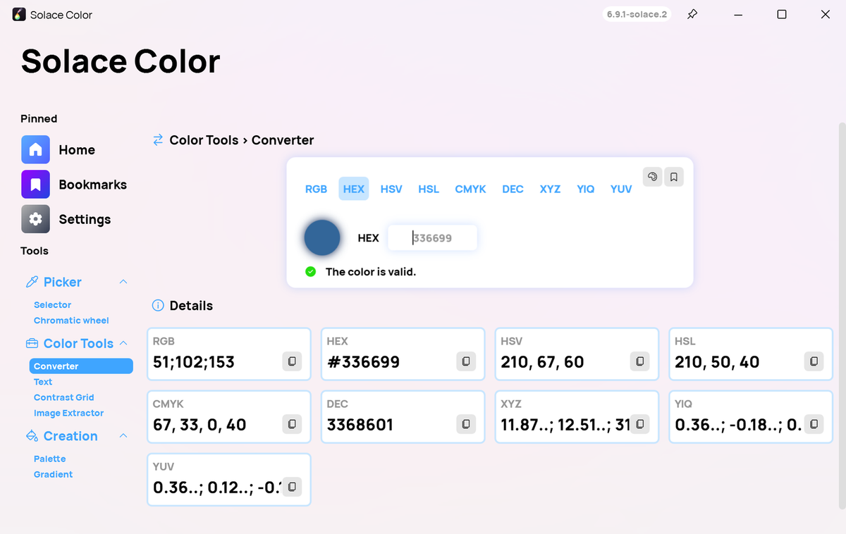 Convert any colour between HEX, RGB, HSV, HSL, CMYK, DEC, XYZ, YIQ and YUV, with one-click copy for each.