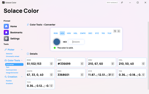 Convert any colour between HEX, RGB, HSV, HSL, CMYK, DEC, XYZ, YIQ and YUV, with one-click copy for each.
