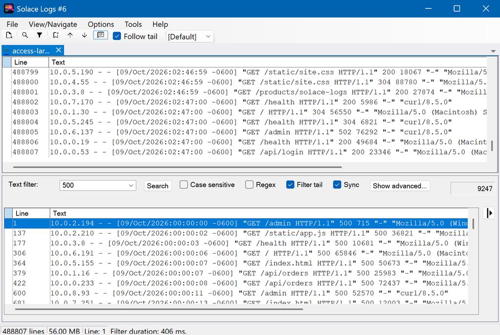 Solace Logs filtering a 488,807-line, 56 MB sample access log for 500 in under half a second, with the matches synced to the full view