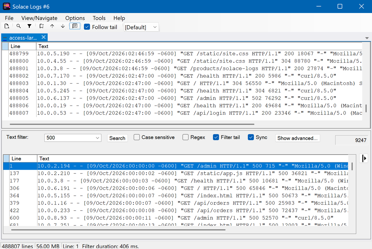 Solace Logs filtering a 488,807-line, 56 MB sample access log for 500 in under half a second, with the matches synced to the full view