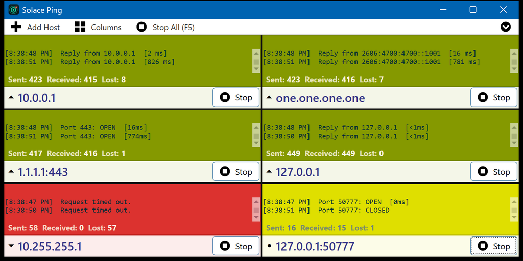 Watch six hosts at once: green tiles are up, red is down, and yellow flags a port that is flapping between open and closed.