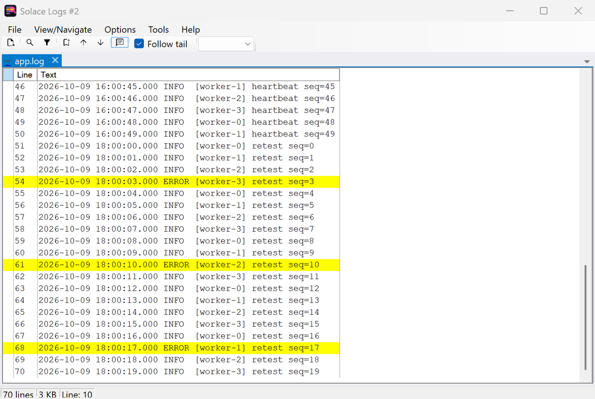 Solace Logs following the tail of a live sample app log, with ERROR lines highlighted as they arrive