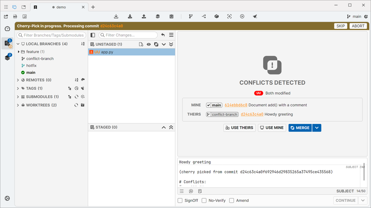 Resolve merge conflicts without the command line: see mine vs theirs, then use theirs, use mine, or open the merge tool.
