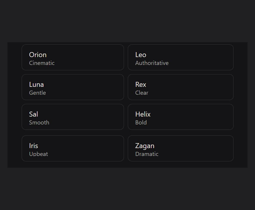 The rest of Pic Lock's voice list on a dark background: eight voice cards in two columns, Orion (Cinematic), Leo (Authoritative), Luna (Gentle), Rex (Clear), Sal (Smooth), Helix (Bold), Iris (Upbeat) and Zagan (Dramatic).