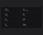 The rest of Pic Lock's voice list on a dark background: eight voice cards in two columns, Orion (Cinematic), Leo (Authoritative), Luna (Gentle), Rex (Clear), Sal (Smooth), Helix (Bold), Iris (Upbeat) and Zagan (Dramatic).