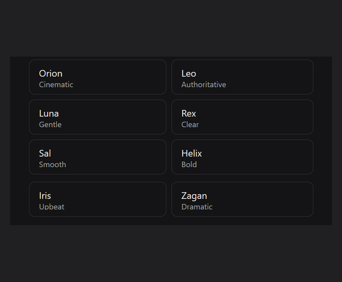The rest of Pic Lock's voice list on a dark background: eight voice cards in two columns, Orion (Cinematic), Leo (Authoritative), Luna (Gentle), Rex (Clear), Sal (Smooth), Helix (Bold), Iris (Upbeat) and Zagan (Dramatic).