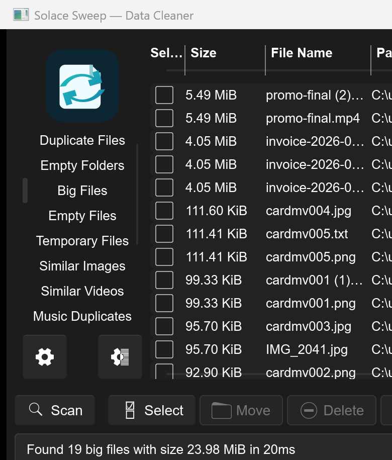 Solace Sweep biggest files results