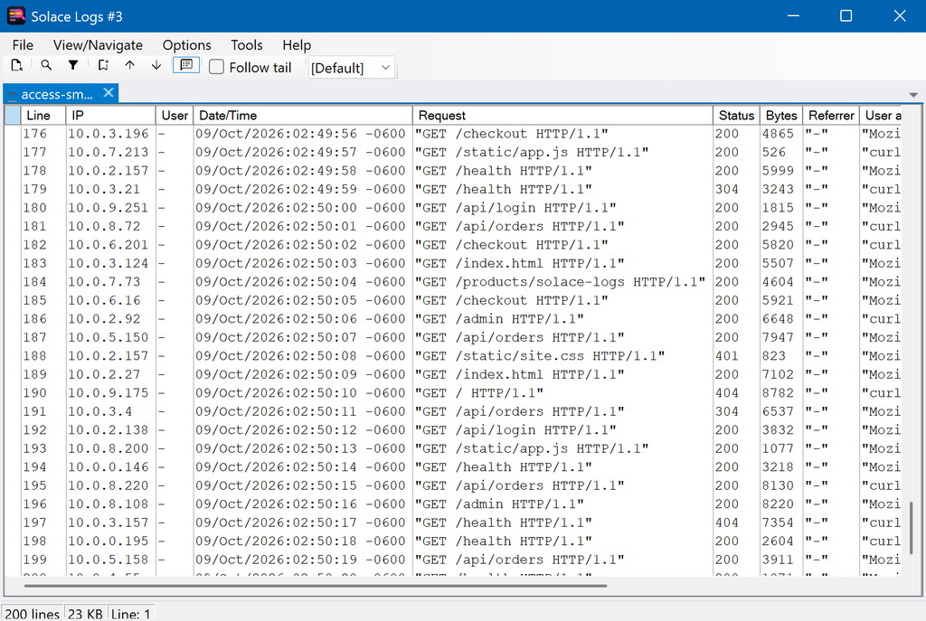 Solace Logs splitting sample web access logs into columns: IP, date and time, request, status, bytes and more