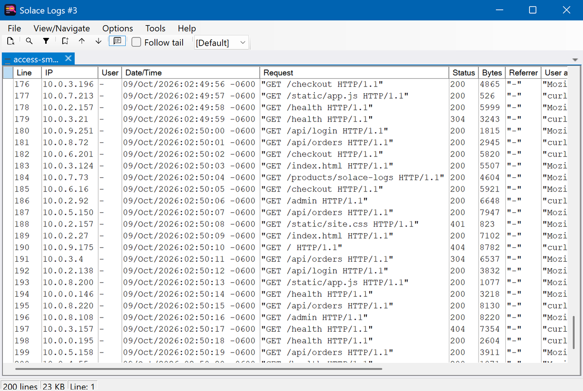 Solace Logs splitting sample web access logs into columns: IP, date and time, request, status, bytes and more