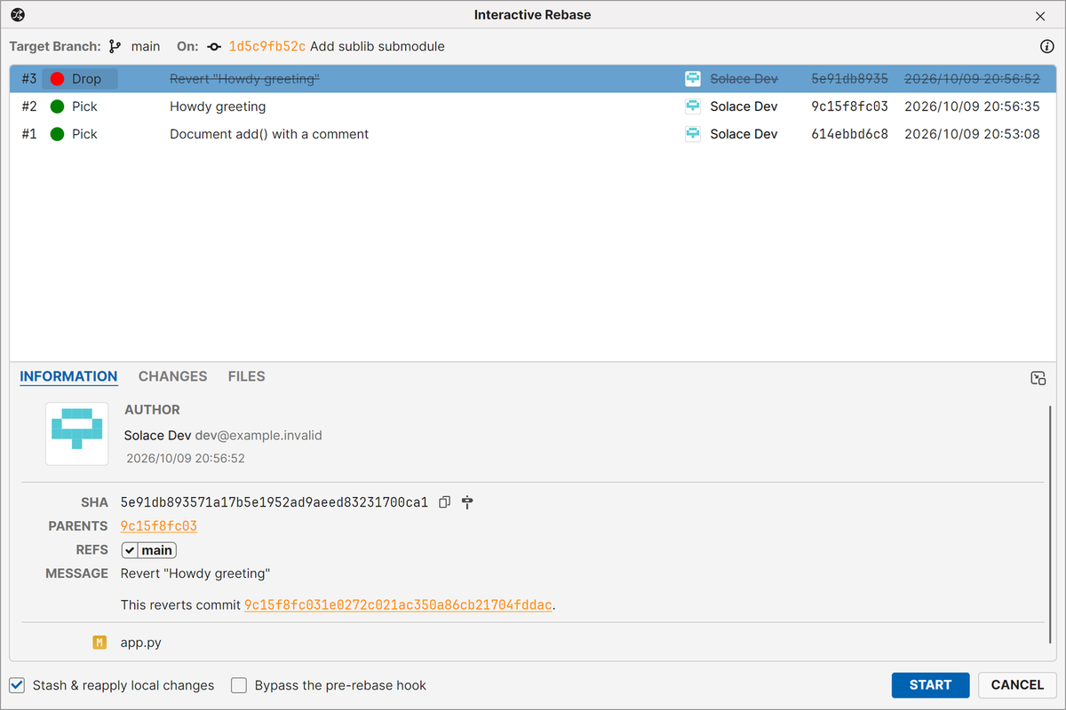 Interactive rebase made visual: pick, drop and reorder commits, with full commit details before you start.