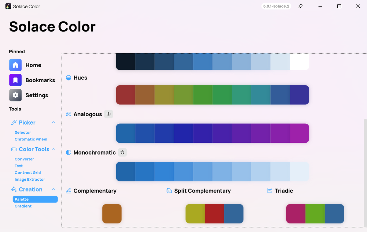 Generate palettes: shades, hues, analogous, monochromatic, complementary, split-complementary and triadic.