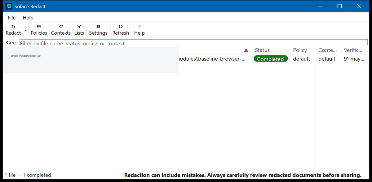 Solace Redact queue with a completed local file