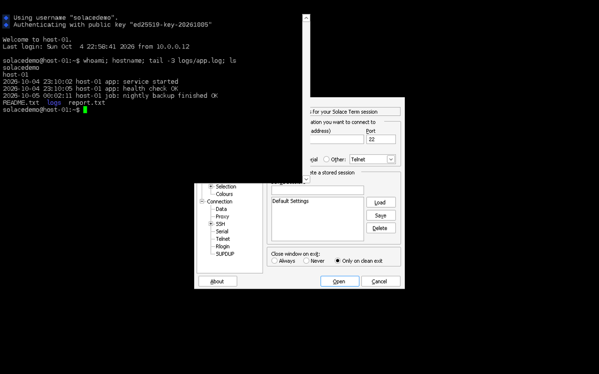 Solace Term live SSH session with sample demo host