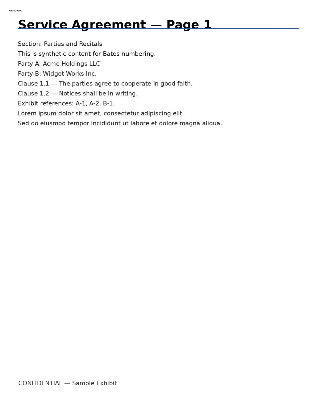 Sample contract page with the Bates number placed top left