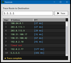 Built-in traceroute shows every hop to the destination with its round-trip time.