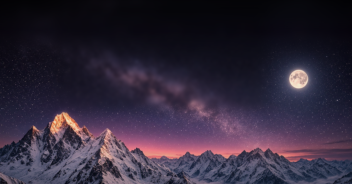 Snowy mountains under a full moon and starry night sky