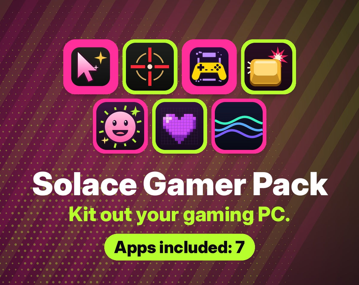Solace Gamer Pack: "Kit out your gaming PC." The seven app icons (Cursors, Crosshair, Borderless, Clack, Emotes, Pixel, Wallpaper) with an "Apps included: 7" label.