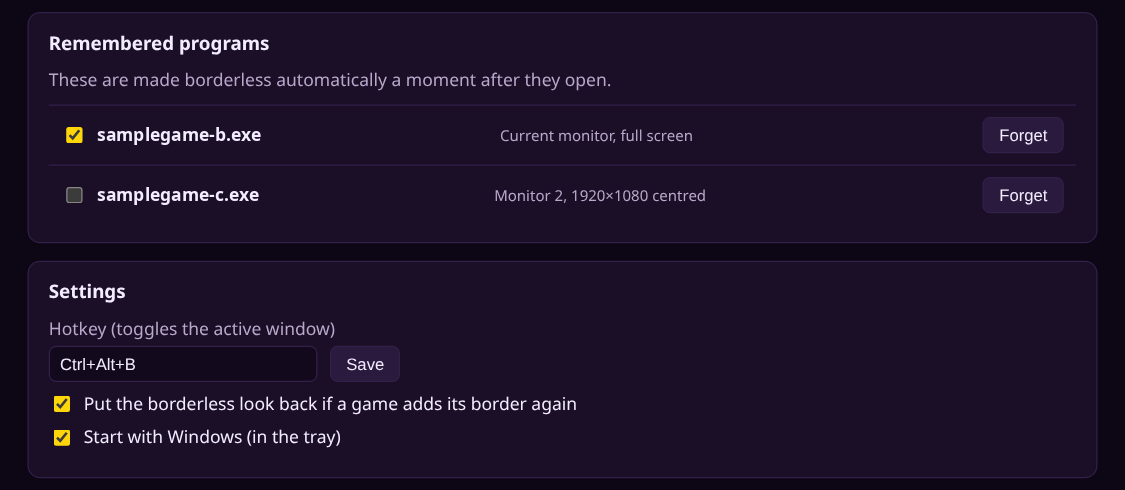 Remember a program and it goes borderless automatically every time it opens. Toggle the active window with a hotkey, and Solace Borderless puts the borderless look back if a game re-adds its border.