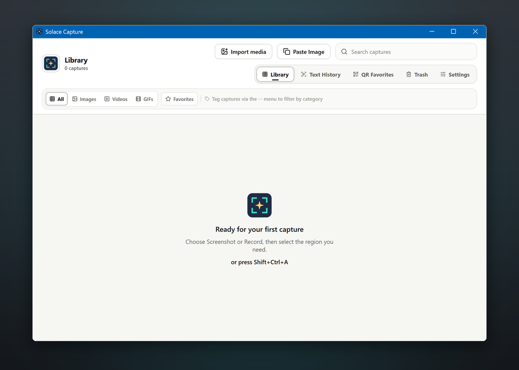 Screenshots, recordings and GIFs live in one library you can search, filter and tag. Start a capture any time with Shift+Ctrl+A.