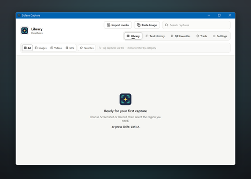 Screenshots, recordings and GIFs live in one library you can search, filter and tag. Start a capture any time with Shift+Ctrl+A.