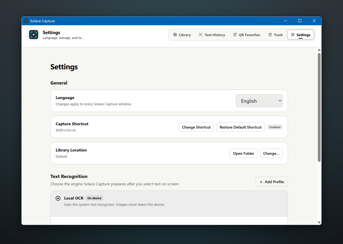 One capture shortcut you can change, a library folder you choose, and text recognition that runs on your device.