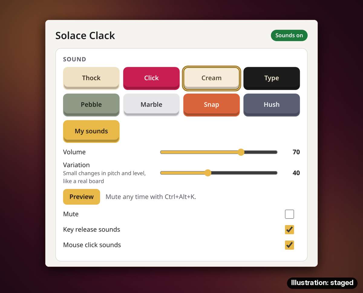 Solace Clack settings with the Cream key sound picked, volume and variation sliders, Preview, and switches for mute, key release and mouse click sounds.
