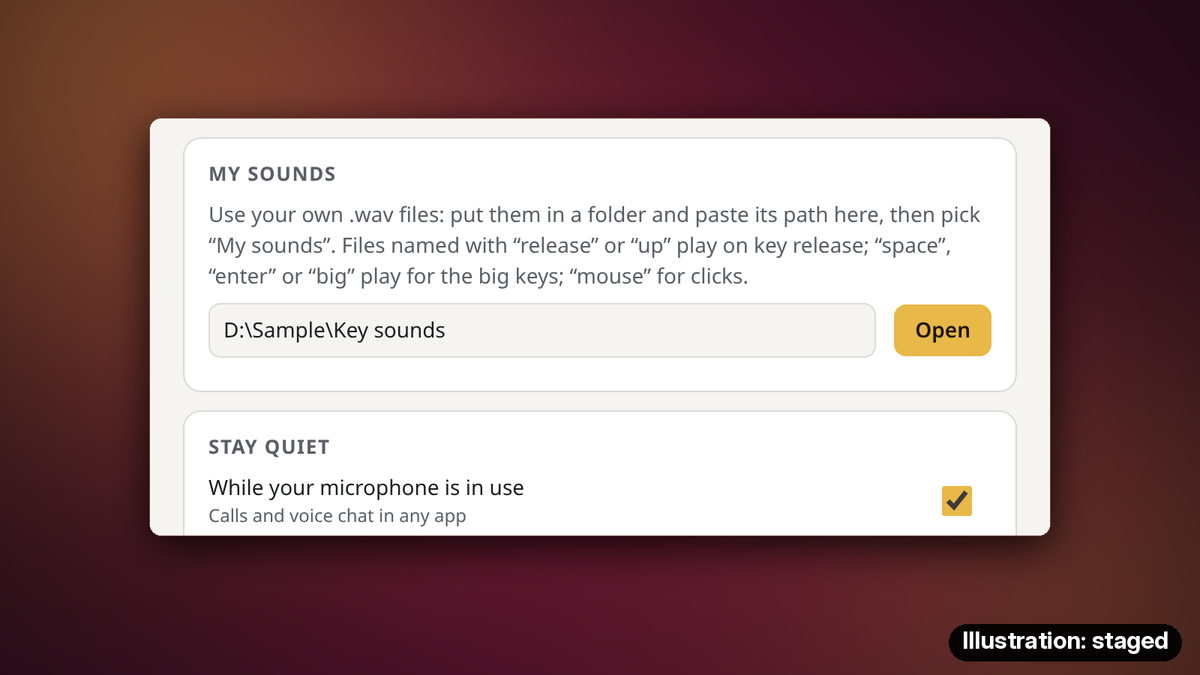 Solace Clack My sounds card with a sample folder of .wav files, and the Stay quiet switch that silences it while your microphone is in use.