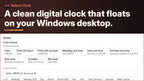 Solace Clock post card on a dark red-brown background. Small Solace Clock icon and name, then the headline "A clean digital clock that floats on your Windows desktop." with a short amber bar. Below, the app's Display settings: Clock format buttons (Time 2:48 PM, Time (24-hour) 14:48, Time with seconds, Weekday and time, Date and time, Full date and time, Date only, Sortable, ISO week), a Custom format field reading {ddd}, {MMM d}, {h:mm:ss tt}, and Insert buttons.