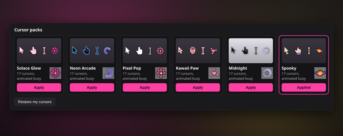 Six packs to choose from: Solace Glow, Neon Arcade, Pixel Pop, Kawaii Paw, Midnight and Spooky, each with 17 cursors and an animated busy cursor.
