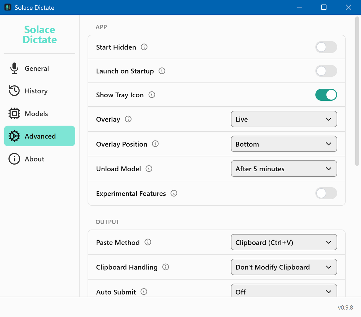 Make it work your way: start hidden or at login, keep a tray icon, show a live on-screen overlay, free memory by unloading the model when idle, and choose how text is pasted.