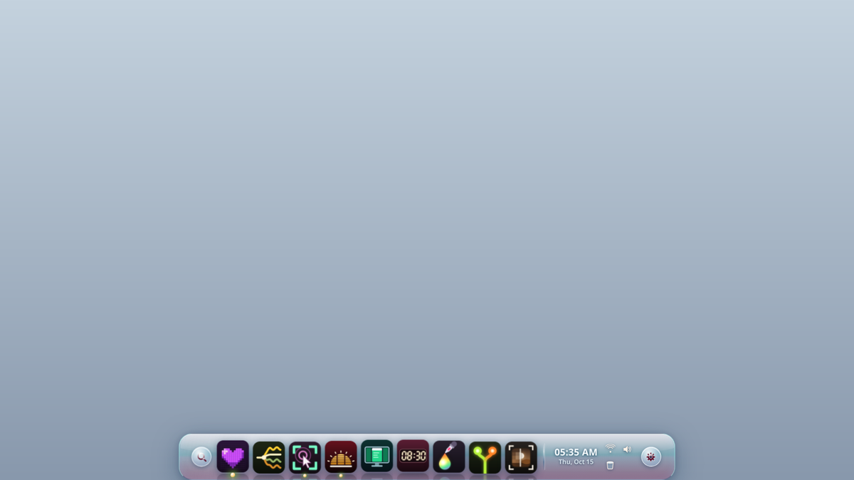 A floating glass dock at the bottom of your desktop: pinned apps, dots under the ones that are running, plus search, the clock, status icons and settings.