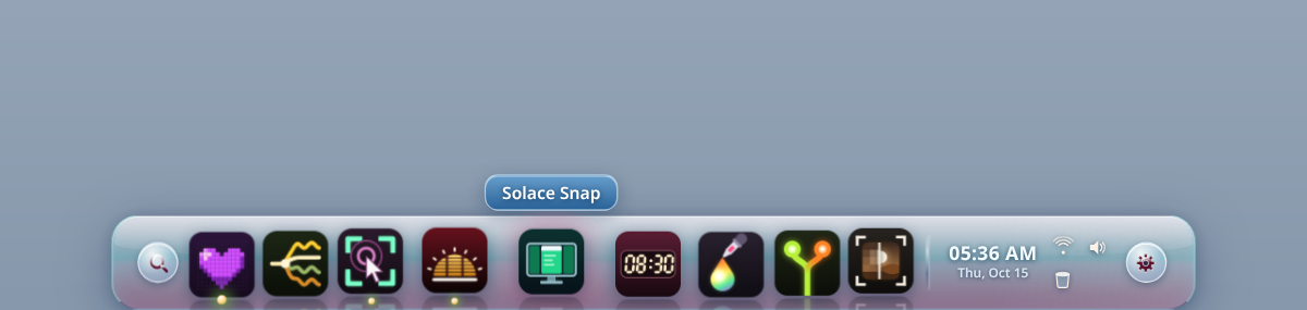 Point at an icon to see its name. Running apps are marked with a dot underneath.