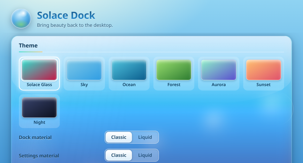 Make it yours: pick a theme, then choose a glossy or a thin-glass material for the dock and the settings window separately.