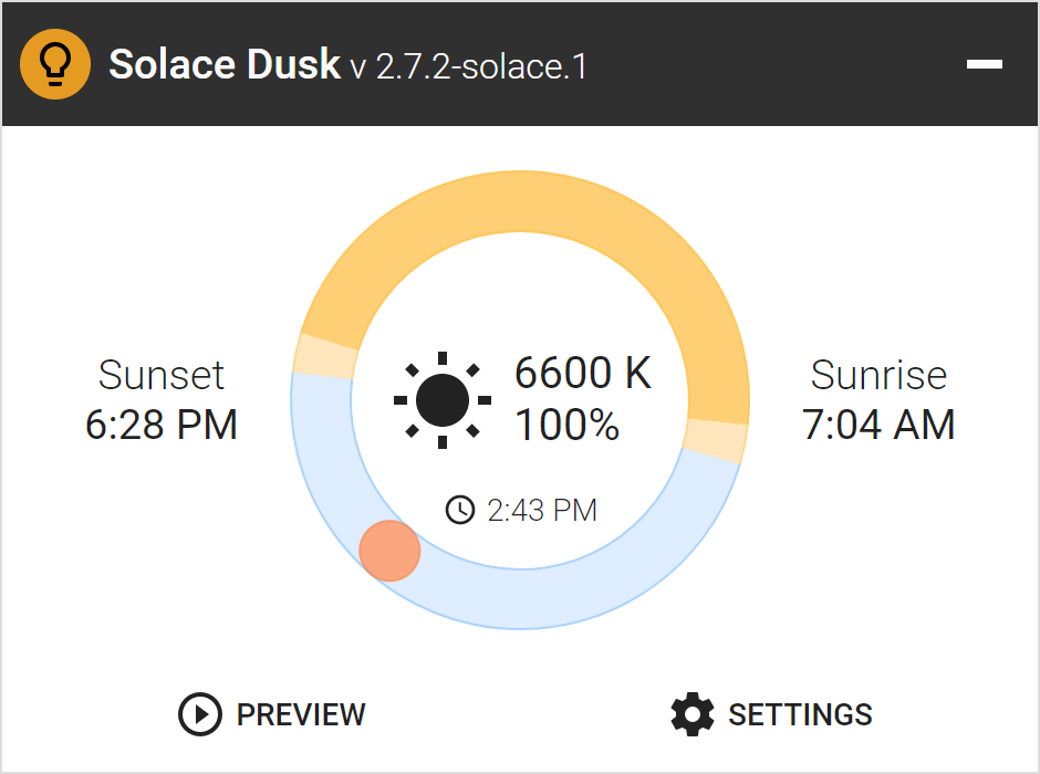See your day at a glance: sunset and sunrise times, the current screen warmth and brightness, and where you are on the day/night ring.