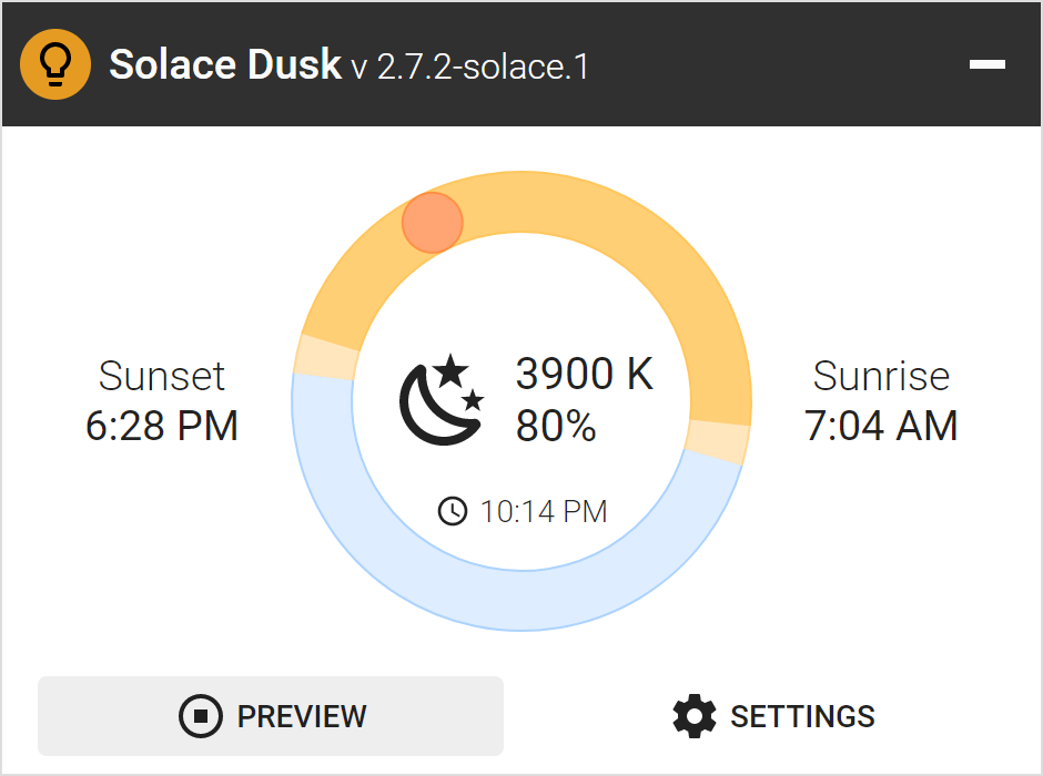 Preview the evening before it arrives: one click shows the warm 3900 K night setting at 80% brightness.