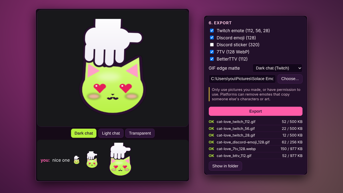 Close-up: the preview with the chat check, and the Export list showing each file against its platform limit.