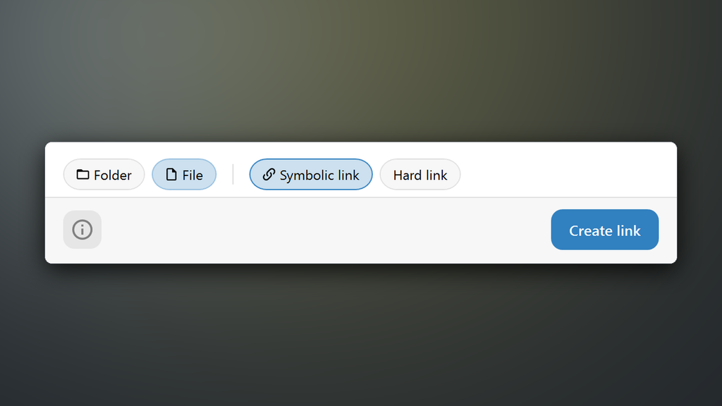 Solace Links detail: pick Folder or File, then Symbolic link or Hard link, and click Create link.