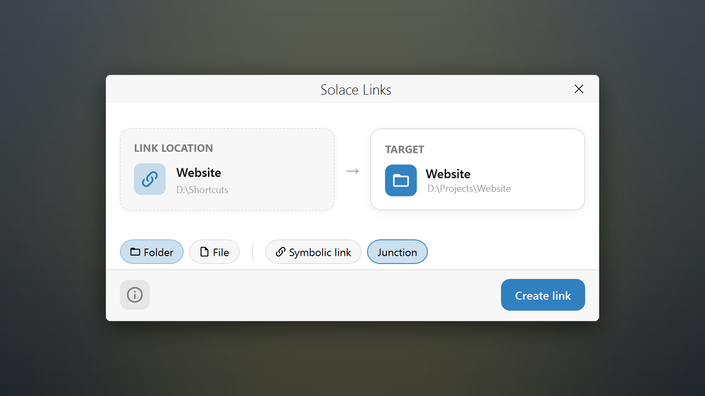 Choose where the link goes and what it points to, pick Folder or File and the link type, then click Create link.