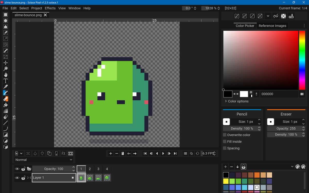 Draw pixel-perfect sprites on a zoomable canvas, with a full tool strip, a colour picker, settings for each brush and a ready-made palette.