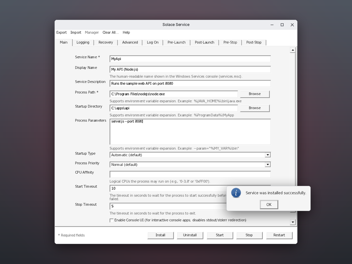 Turn any program into a Windows service: name it, point it at the program, add its folder and arguments, then click Install.
