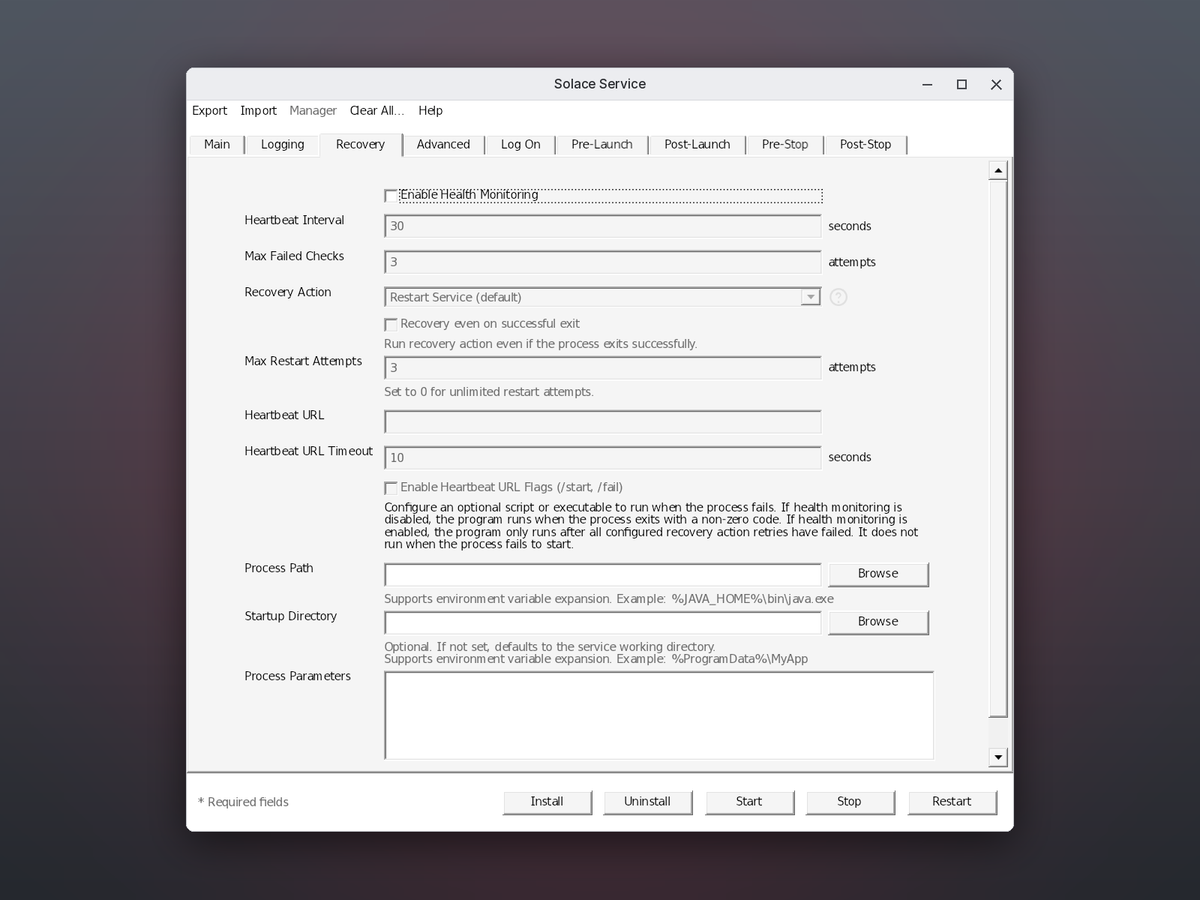 Set how Solace Service watches the program and restarts it, with health checks, restart attempts, a heartbeat URL, and a recovery program to run when it fails.