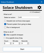 Shut down or lock your PC on your schedule: pick an action, then a countdown or a time of day.