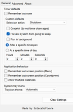 Set your defaults once: the starting action and timer, sleep prevention, remembered window positions and the tray icon theme.