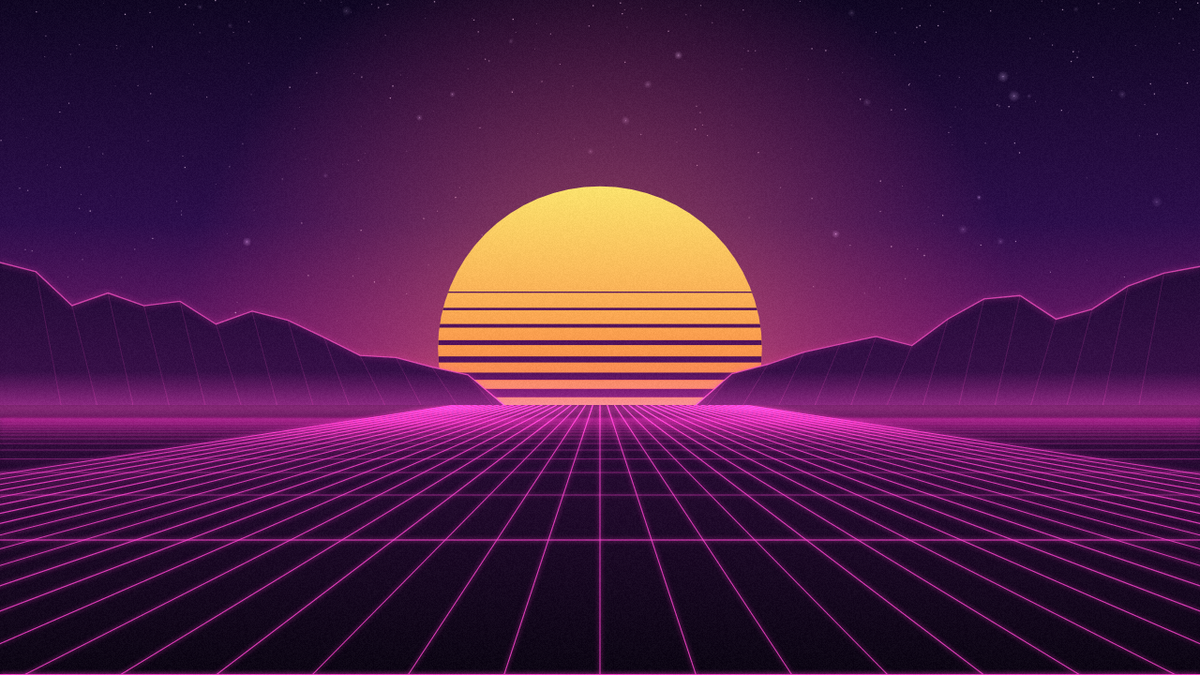 Retro Horizon: a striped synthwave sun over a glowing neon grid and mountains.
