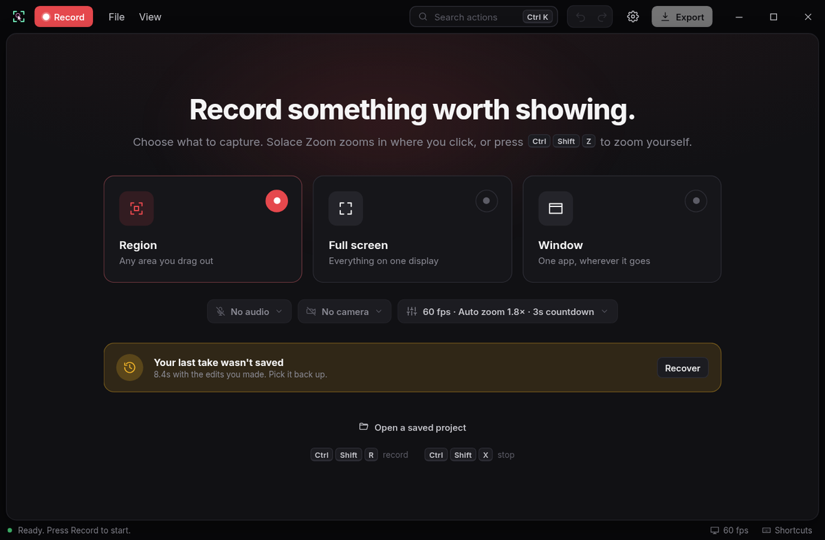 Choose what to record: a region, the full screen or one window. Set audio, camera, frame rate and auto-zoom first, and pick up an unsaved take where you left off.