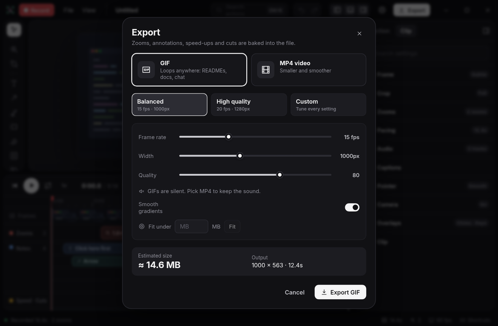 Export the result as a GIF or MP4 video, using a preset or your own frame rate, width and quality, with the file size estimated before you export.