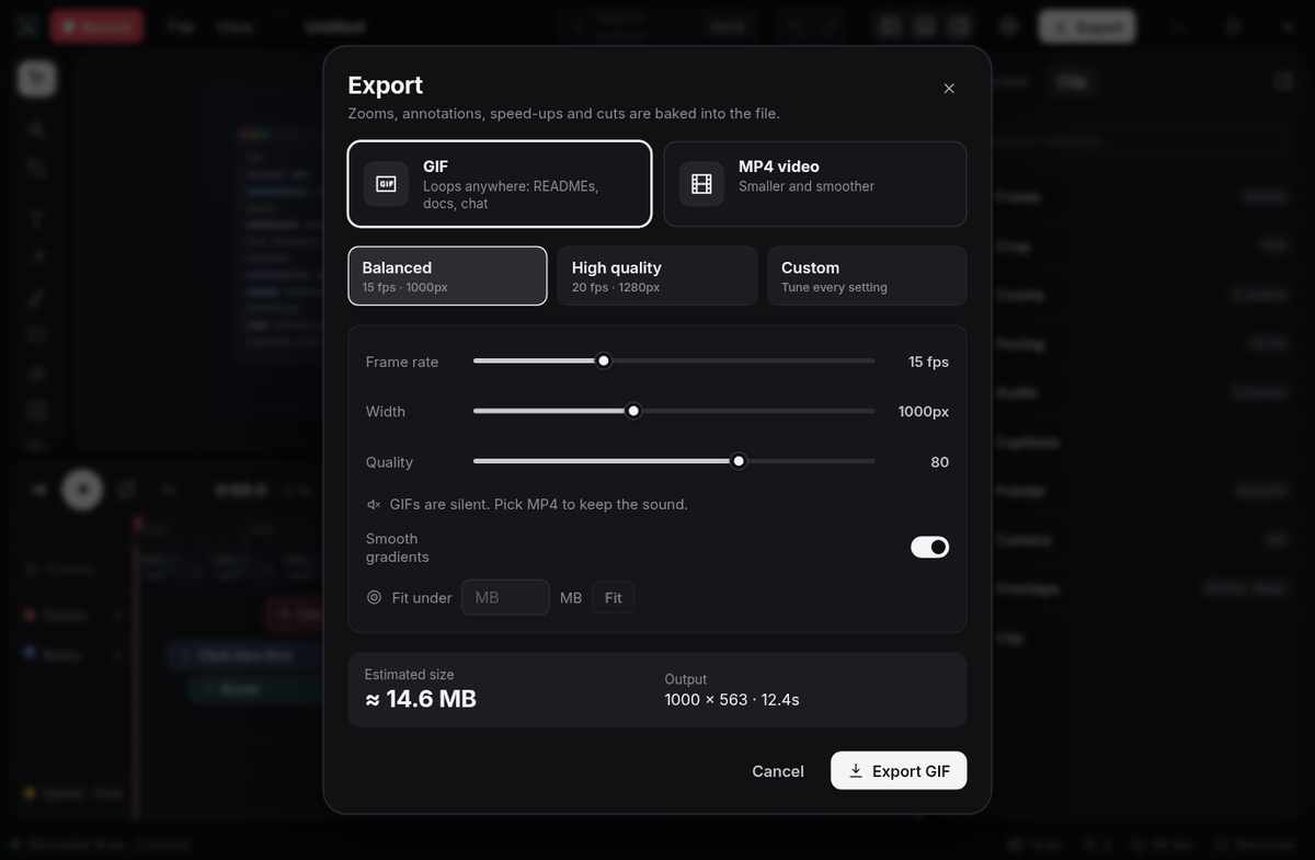 Export the result as a GIF or MP4 video, using a preset or your own frame rate, width and quality, with the file size estimated before you export.