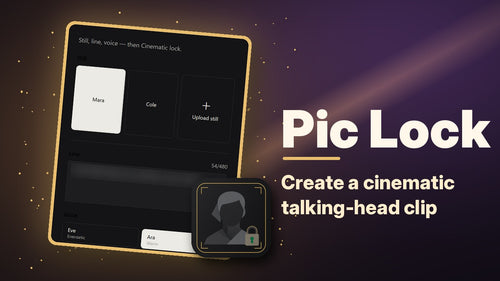 Pic Lock store card on a dark gold-and-plum background. On the left is a tilted, gold-framed screenshot of the Pic Lock control panel: the heading "Still, line, voice — then Cinematic lock.", Still cards labelled Mara, Cole and Upload still, a Line field with blurred sample text and a 54/480 counter, and voice choices Eve (Energetic) and Ara (Warm). Overlapping its corner is the Pic Lock icon, a grey faceless head-and-shoulders silhouette with a padlock inside a gold frame. On the right, large c